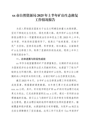 市自然资源局2025年上半年矿山生态修复工作情况报告
