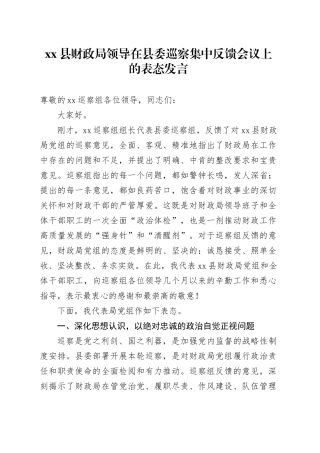 县财政局领导在县委巡察集中反馈会议上的表态发言