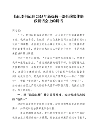 县纪委书记在2025年新提拔干部任前集体廉政谈话会上的讲话