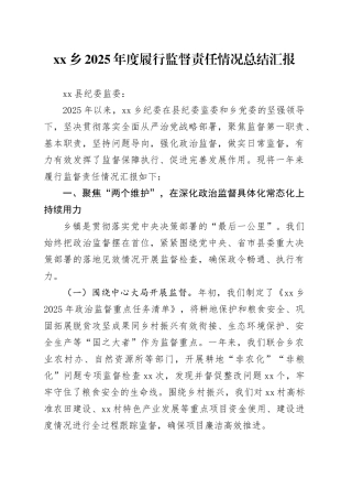 乡2025年度履行监督责任情况总结汇报