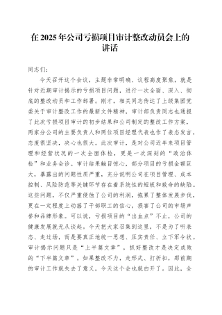在2025年公司亏损项目审计整改动员会上的讲话