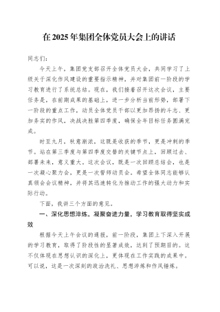 在2025年集团全体党员大会上的讲话