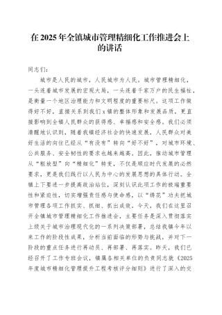 在2025年全镇城市管理精细化工作推进会上的讲话