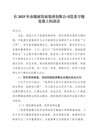 在2025年市能源发展集团有限公司党委专题党课上的讲话