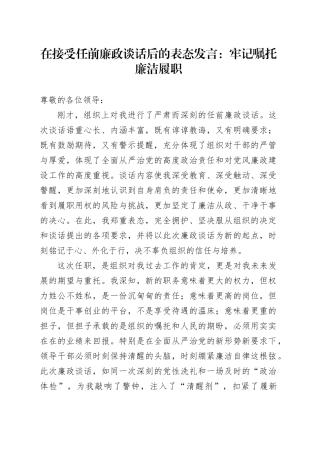 在接受任前廉政谈话后的表态发言：牢记嘱托廉洁履职20250919