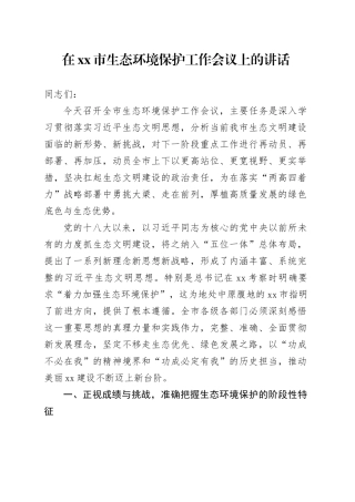 在市生态环境保护工作会议上的讲话