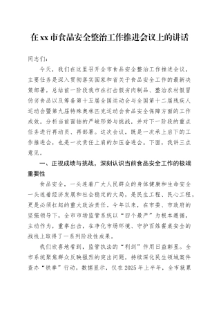 在市食品安全整治工作推进会议上的讲话