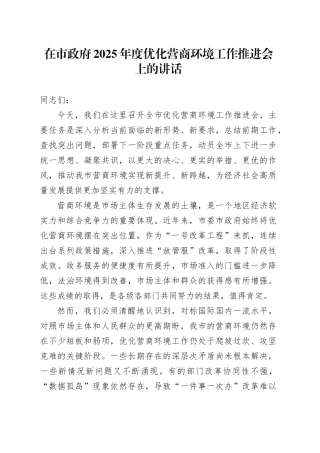 在市政府2025年度优化营商环境工作推进会上的讲话