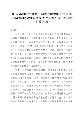 在市执法领域突出问题专项整治和民生实事办理调度会暨涉企执法“亮码入企”培训会上的讲话