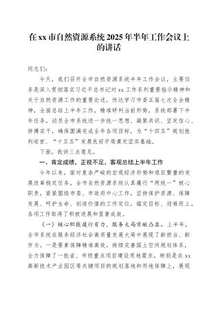 在市自然资源系统2025年半年工作会议上的讲话