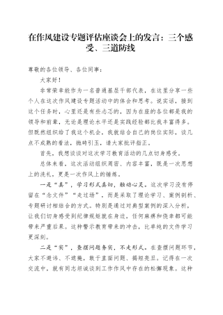 在作风建设专题评估座谈会上的发言：三个感受、三道防线