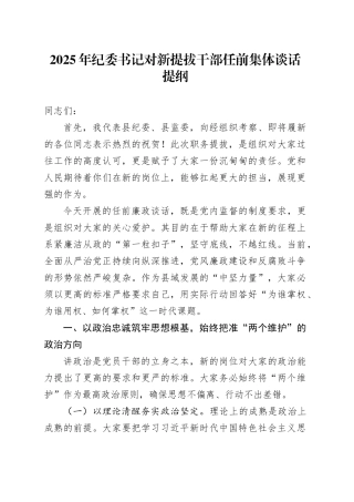 2025年纪委书记对新提拔干部任前集体谈话提纲