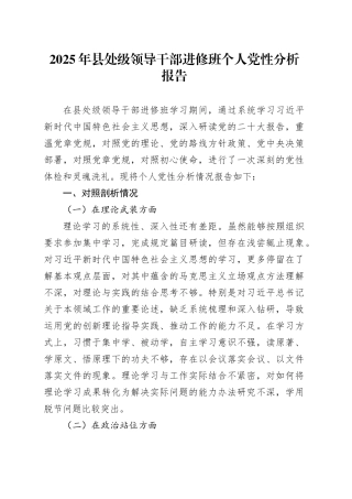 2025年县处级领导干部进修班个人党性分析报告