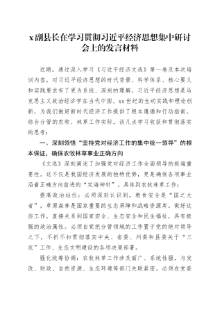 X副县长在学习贯彻习近平经济思想集中研讨会上的发言材料