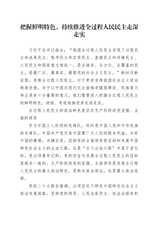 把握鲜明特色，持续推进全过程人民民主走深走实