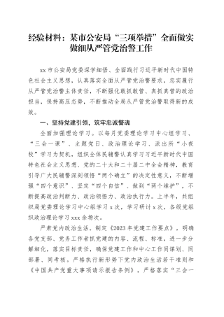 经验材料：某市公安局“三项举措”全面做实做细从严管党治警工作