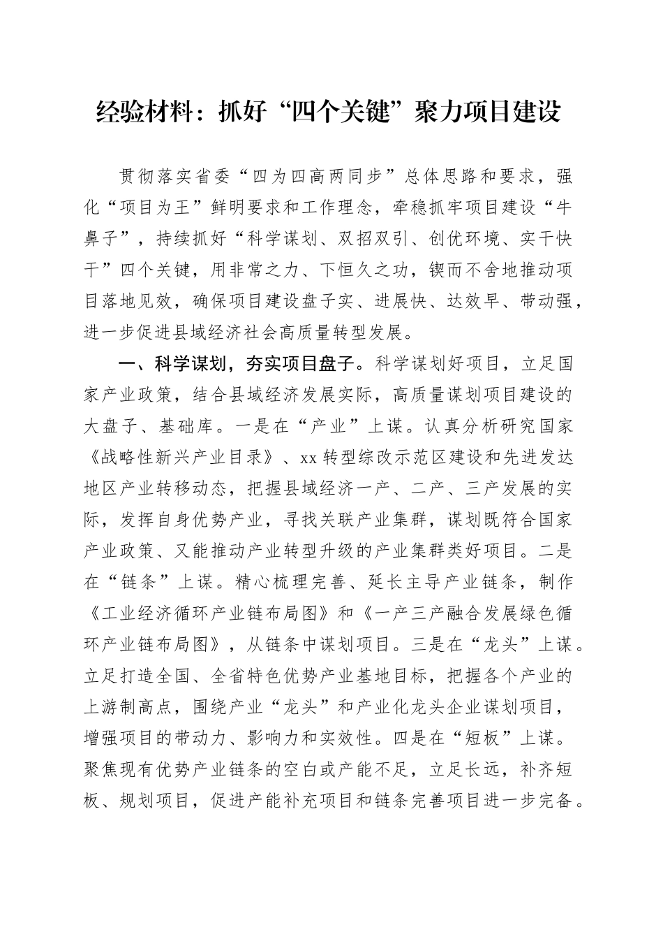 经验材料：抓好“四个关键”聚力项目建设_第1页