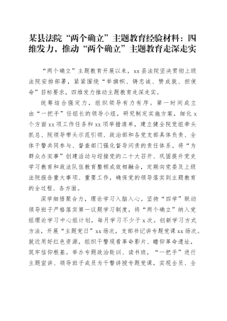 某县法院“两个确立”主题教育经验材料：四维发力，推动“两个确立”主题教育走深走实