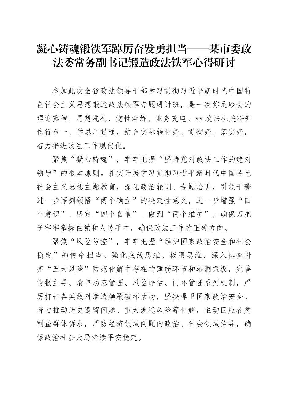 凝心铸魂锻铁军踔厉奋发勇担当——某市委政法委常务副书记锻造政法铁军心得研讨_第1页