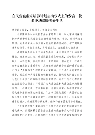 省工商联纺织服装商会会长在民营企业家培养计划启动仪式上的发言