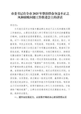 市委书记在全市2025年整治群众身边不正之风和腐败问题工作推进会上的讲话