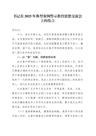 书记在2025年典型案例警示教育思想交流会上的发言