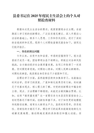 县委书记在2025年度民主生活会上的个人对照检查材料20251009