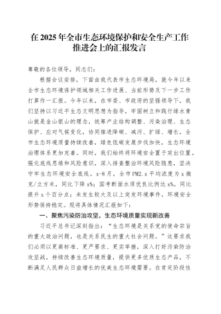 在2025年全市生态环境保护和安全生产工作推进会上的汇报发言