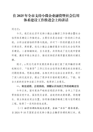 在2025年全市支持小微企业融资暨社会信用体系建设工作推进会上的讲话