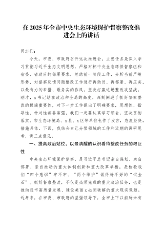 在2025年全市中央生态环境保护督察整改推进会上的讲话