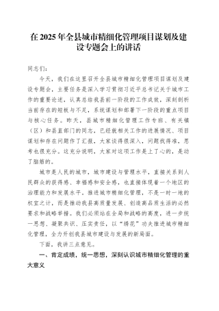 在2025年全县城市精细化管理项目谋划及建设专题会上的讲话