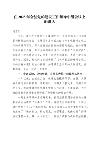 在2025年全县党的建设工作领导小组会议上的讲话
