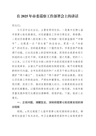 在2025年市委巡察工作部署会上的讲话