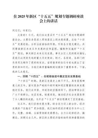 在2025年新区“十五五”规划专题调研座谈会上的讲话20251009