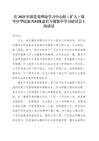 在2025年镇党委理论学习中心组（扩大）铸牢中华民族共同体意识专题集中学习研讨会上的讲话
