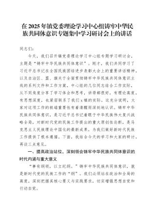 在2025年镇党委理论学习中心组铸牢中华民族共同体意识专题集中学习研讨会上的讲话