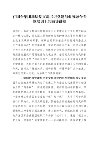 在国企集团基层党支部书记党建与业务融合专题培训上的辅导讲稿