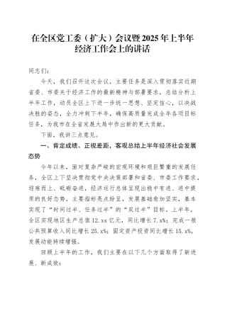 在全区党工委（扩大）会议暨2025年上半年经济工作会上的讲话