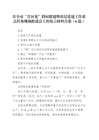 在全市“片区化”跨村联建暨基层党建工作重点任务现场推进会上的发言材料合集（6篇）