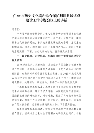 在市历史文化遗产综合保护利用县域试点建设工作专题会议上的讲话