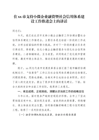 在市支持小微企业融资暨社会信用体系建设工作推进会上的讲话