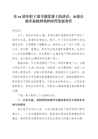 在镇年轻干部专题党课上的讲话：永葆自我革命精神勇担时代发展重任
