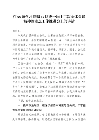 在镇学习贯彻区委一届十二次全体会议精神暨重点工作推进会上的讲话