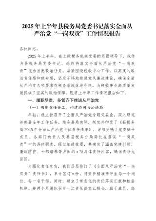 2025年上半年县税务局党委书记落实全面从严治党“一岗双责”工作情况报告