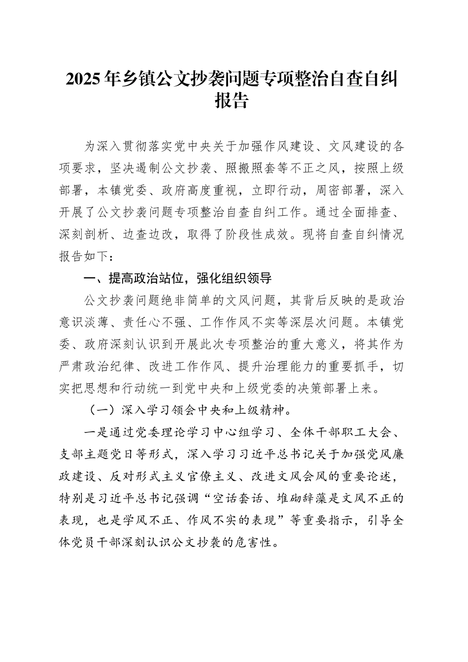 2025年乡镇街道公文抄袭问题专项整治自查自纠报告_第1页