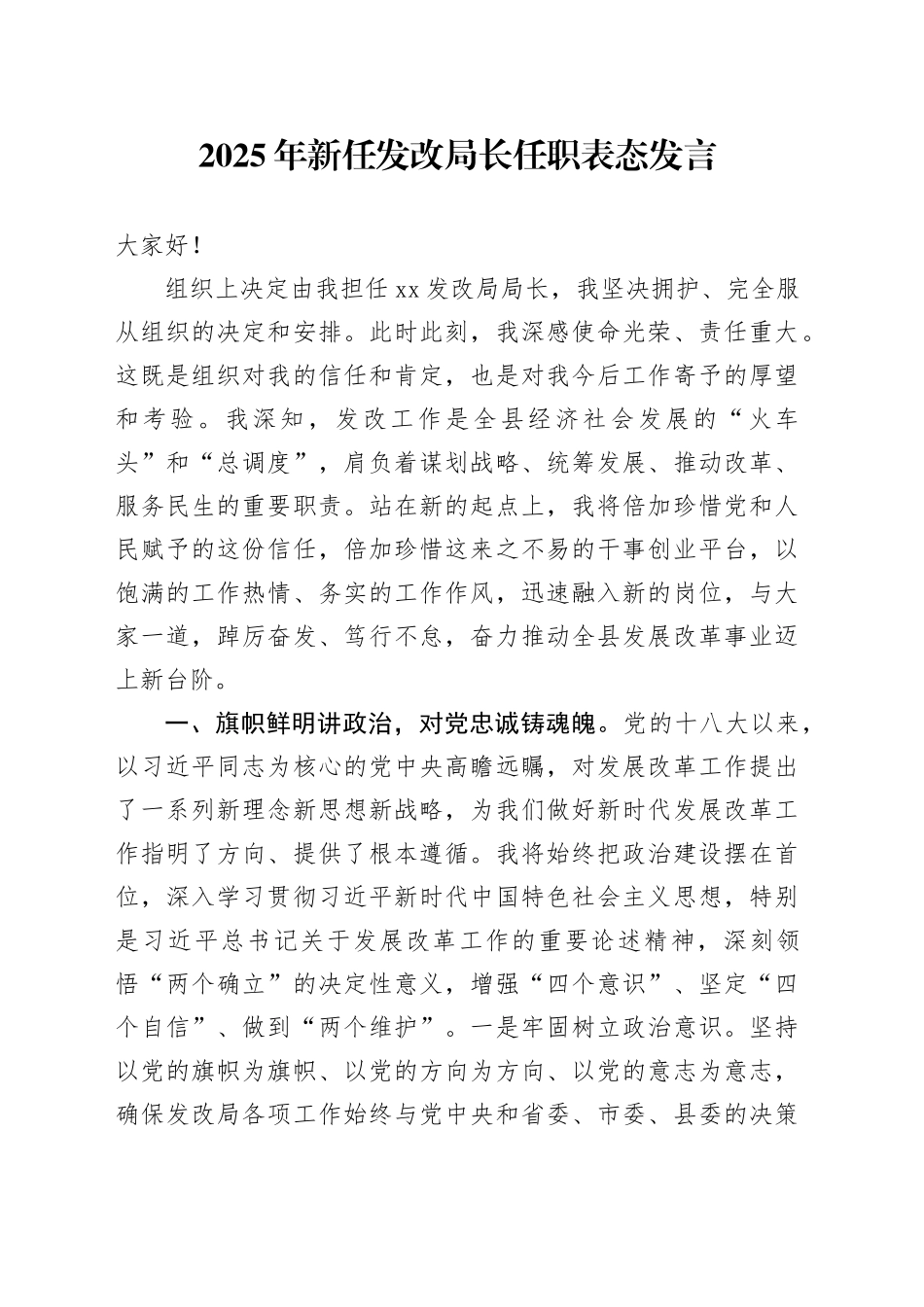 2025年新任发改局长任职表态发言_第1页