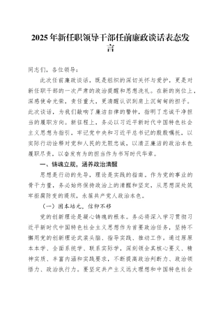2025年新任职领导干部任前廉政谈话表态发言