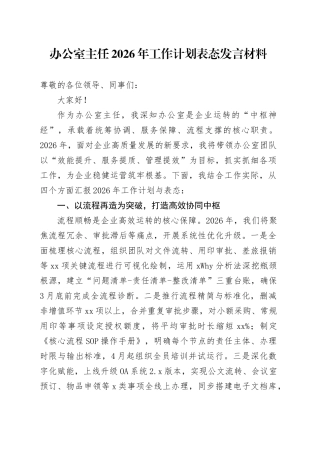 办公室主任2026年工作计划表态发言材料