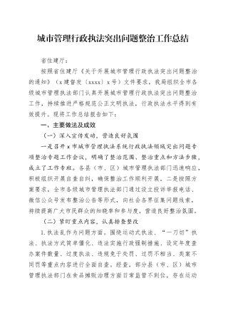 城市管理行政执法突出问题整治工作总结