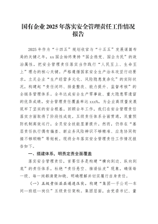 国有企业2025年落实安全管理责任工作情况报告